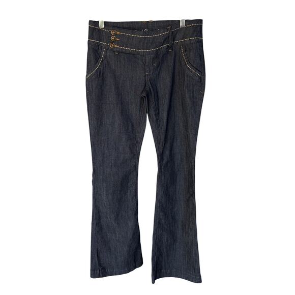 Y2K Dark Wash Low Rise Flare Jeans Red Camel Bratz Mallcore Bimbo Denim Size 9 - Picture 1 of 9